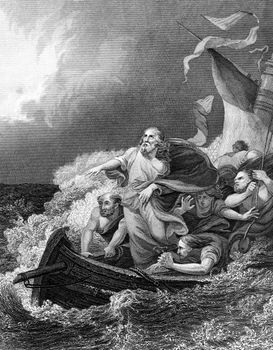 An engraved vintage New Testament illustration image of Jesus Christ calming the storm from a Bible dated 1852 that is no longer in copyright stock image