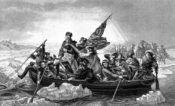 An engraved illustration of George Washington crossing the River Delaware during the American Revolutionary War, from a Victorian book dated 1886 that is no longer in copyright stock image