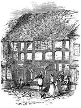 An engraved vintage illustration image portrait of the birthplace house of Elizabethan playwright William Shakespeare, from a Victorian book dated 1883 that is no longer in copyright stock image
