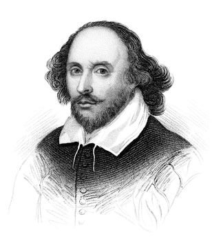 An engraved vintage illustration portrait of the Elizabethan playwright William Shakespeare of Stratford Upon Avon, from a Victorian book dated 1847 that is no longer in copyright stock image