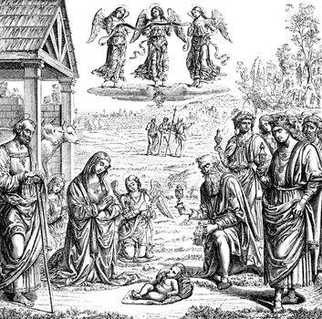 An engraved vintage New Testament Bible Christmas illustration of The Adoration of the Magi at the Nativity of Jesus Christ from a Victorian book dated 1883 that is no longer in copyright stock image