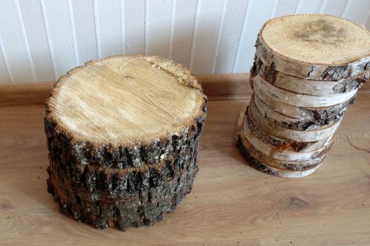 birch and coniferous round cuts on a wooden table close up