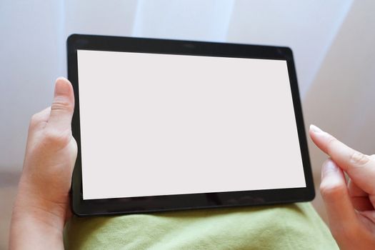 tablet with white screen in female hands, mock uptablet with white screen in female hands, mock up