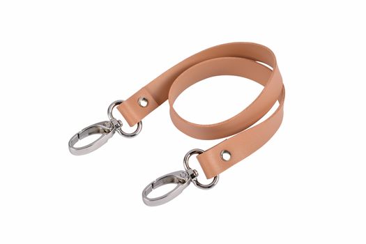 beige pink leather belt with carbine and metal accessories isolated on white background. use for bags and suitcases