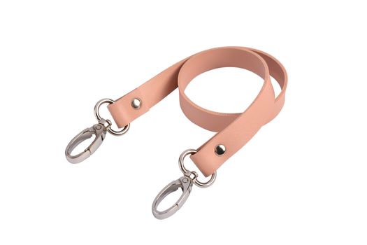 beige pink leather belt with carbine and metal accessories isolated on white background. use for bags and suitcases