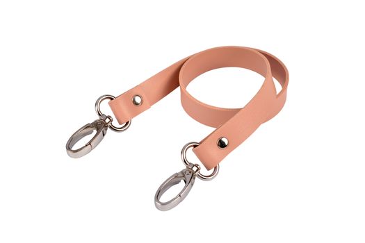 beige pink leather belt with carbine and metal accessories isolated on white background. use for bags and suitcases