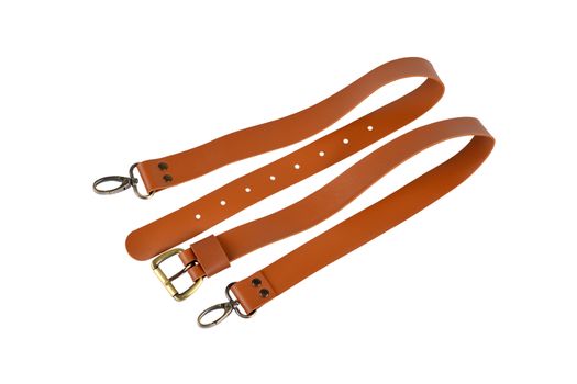 brown orange leather belt with carbine and metal accessories isolated on white background. use for bags and suitcases