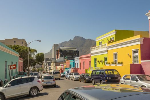 Many colorful houses in the Bo Kaap district in Cape Town, South Africa.