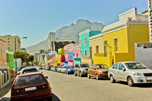 Many colorful houses in the Bo Kaap district in Cape Town, South Africa.