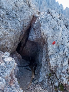 Climbing Rotwand via ferrata near Sexten in the Dolomites, South Tyrol, Italy