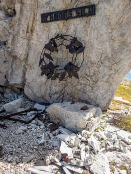 Climbing Rotwand via ferrata near Sexten in the Dolomites, South Tyrol, Italy