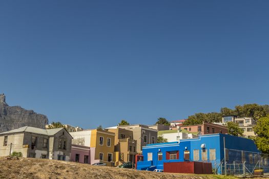 Many colorful houses in the Bo Kaap district in Cape Town, South Africa.