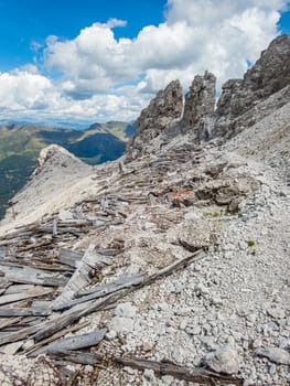 Climbing Rotwand via ferrata near Sexten in the Dolomites, South Tyrol, Italy