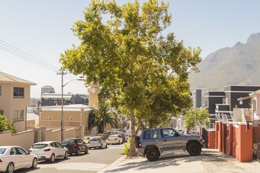 Many colorful houses in the Bo Kaap district in Cape Town, South Africa.