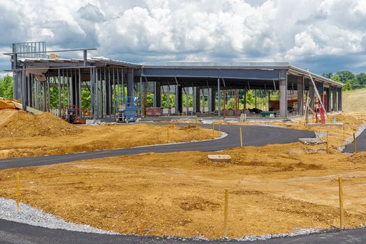 Horizontal shot of a new commercial building under construction.