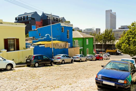 Colorful houses with cityscape of Cape Town. The Bo Kaap district in Cape Town, South Africa.