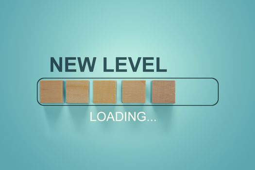 Loading bar progress concept. Next Level text loading almost complete with wooden blocks in progress bar.