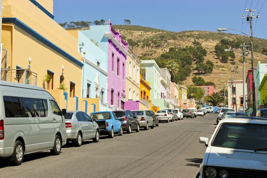 Many colorful houses in the Bo Kaap district in Cape Town, South Africa.