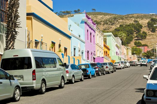 Many colorful houses in the Bo Kaap district in Cape Town, South Africa.