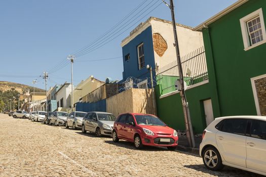 Many colorful houses in the Bo Kaap district in Cape Town, South Africa.