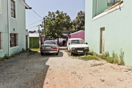 Old crashed cars in the Muslim Quarter Bo-Kaap, Cape Town, South Africa