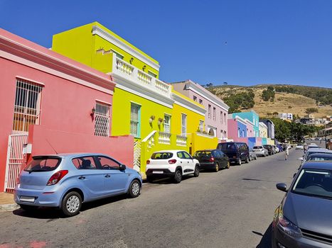 Many colorful houses in the Bo Kaap district in Cape Town, South Africa.