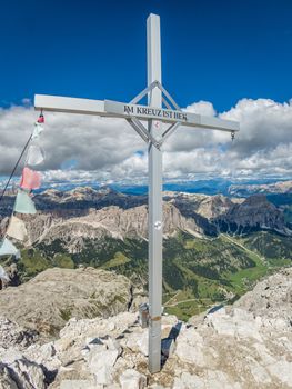 Climbing on the Pisciadu via ferrata of the Sella group in the Dolomites, South Tyrol