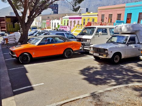 Urban life cars and streets in Bo-Kaap, Cape Town City Center, South Africa.