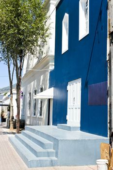 Blue colorful houses in the Bo Kaap district in Cape Town, South Africa.