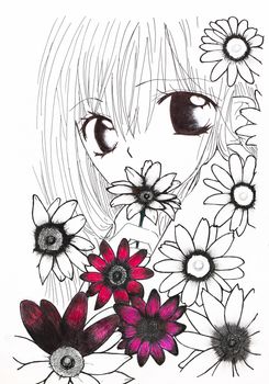 Drawing in the style of anime. Picture of a girl in the flowers in the picture in the style of Japanese anime.
