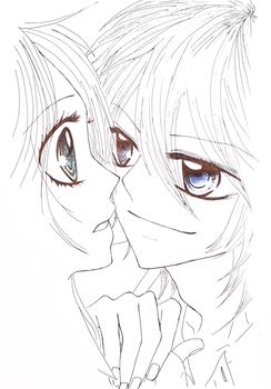 Drawing in the style of anime. Image enamored girl and the guy in the picture in the style of Japanese anime.