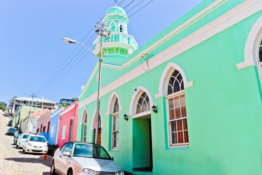 Many colorful houses in the Bo Kaap district in Cape Town, South Africa.