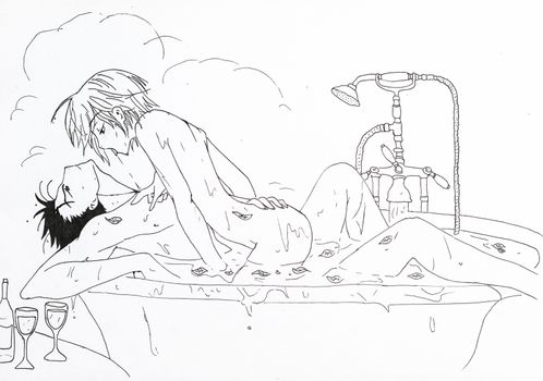 Drawing in the style of anime. Image enamored girl and the guy bathing in the bathroom, in the picture in the style of Japanese anime.