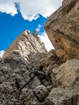 Climbing on the Rotwand and Masare via ferrata in the rose garden in the Dolomites, South Tyrol, Italy