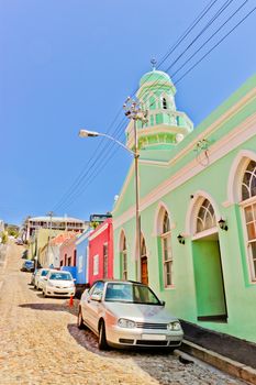 Many colorful houses in the Bo Kaap district in Cape Town, South Africa.