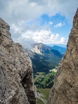 Climbing on the Rotwand and Masare via ferrata in the rose garden in the Dolomites, South Tyrol, Italy