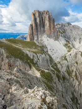 Climbing on the Rotwand and Masare via ferrata in the rose garden in the Dolomites, South Tyrol, Italy