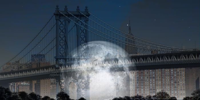 Modern art. Manhattan bridge. Giant moon at the horizon.