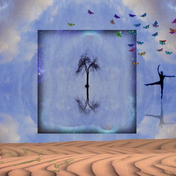 Spiritual composition. Lonely tree in square frame. Ballet dancers silhouette. Colorful butterflies