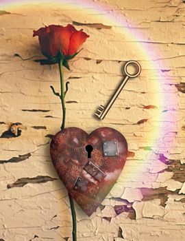 Surrealism. Red rose and rusted heart with metal patches and keyhole. Golden key.