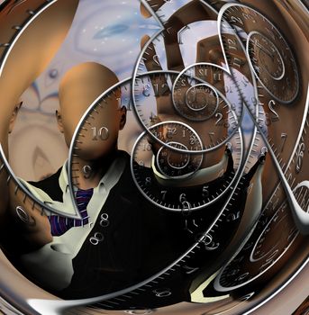 Faceless man and time spirals. 3D rendering