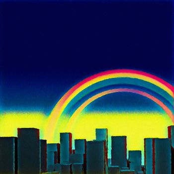 Modern abstract painting. Cityscape with skyscrapers. Rainbow in the sky.