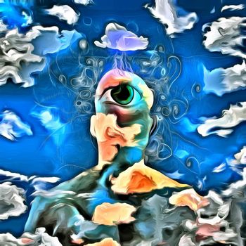 Surreal painting. Man with eye on a back of the head and storm cloud above. Background of clouds.