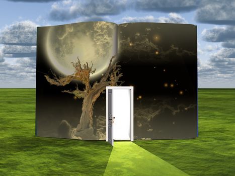 Surrealism. Book with opened door, old tree and full moon.