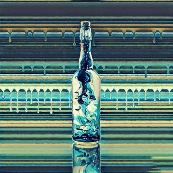 Modern art. Bottle with smoke inside. Paint drips on a background.
