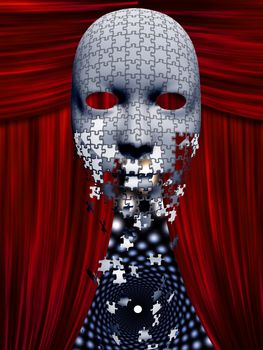 Puzzle pieces fall away from mask in theater background with red curtains