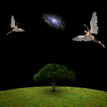 Angels above green tree. 3D rendering. Some elements credit NASA