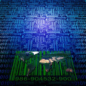 Binary code, world map and bar code.