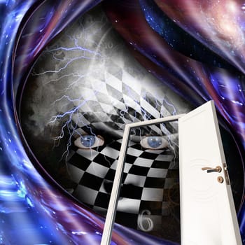 Abstract painting. Chessboard face, time spirals and open door. 3D rendering
