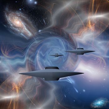 Surreal digital art. Flying saucers in warped space.